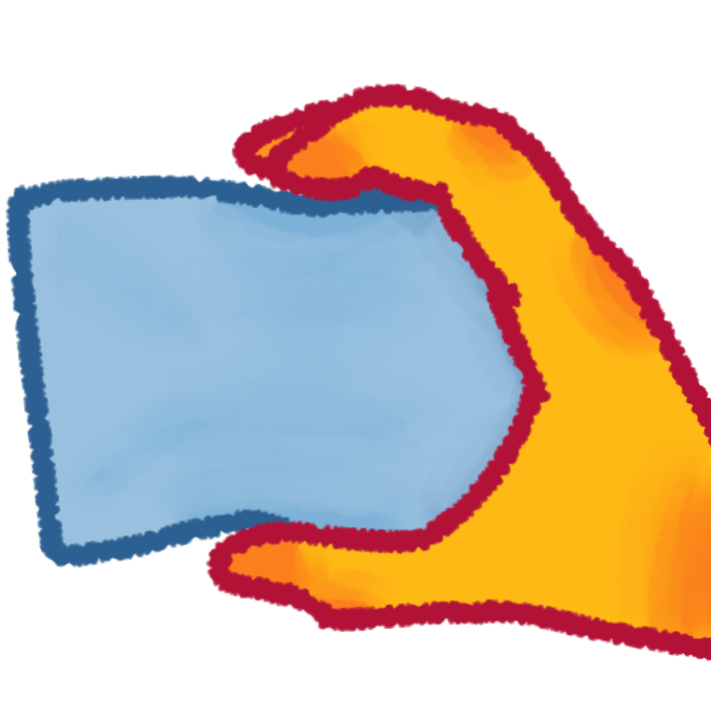 A cartoon style yellow hand holding a block of blue foam.